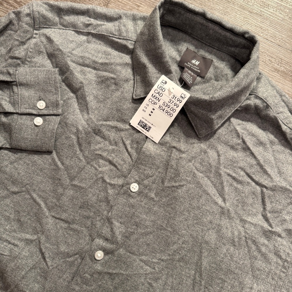 H&M Shirt Mens M Gray Cotton Flannel Regular Fit Casual Button Minimalist NWT